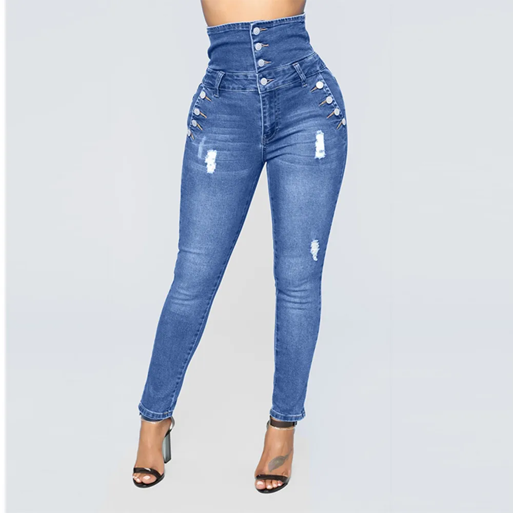 CHAMSGEND, женские повседневные джинсы с высокой талией, высокое качество, женские осенние эластичные джинсы с пуговицами, свободные джинсы с дырками, укороченные джинсы для маленьких ног Fe6