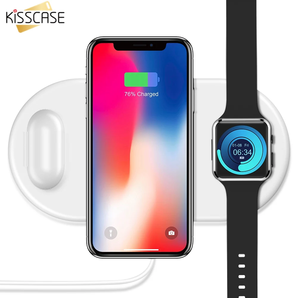 KISSCASE 3 In1 QI Wireless Charger For iPhone 8 X Xr XS Max Watch Wireless Charger For AirPods Watch Mobile Phone Fast Charging