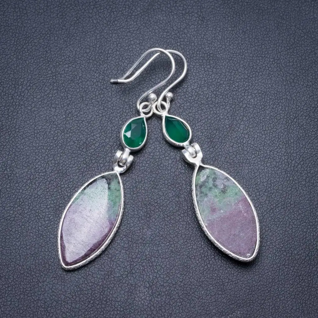 

Natural Ruby Zoisite and Chrysoprase Handmade Unique 925 Sterling Silver Earrings 2" Y2515