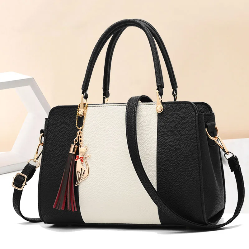 FGGS-الصيف النساء ضرب اللون حقائب يد جلدية عارضة حمل أكياس Crossbody حقيبة الأعلى مقبض حقيبة مع شرابة و القط قلادة (الأسود)