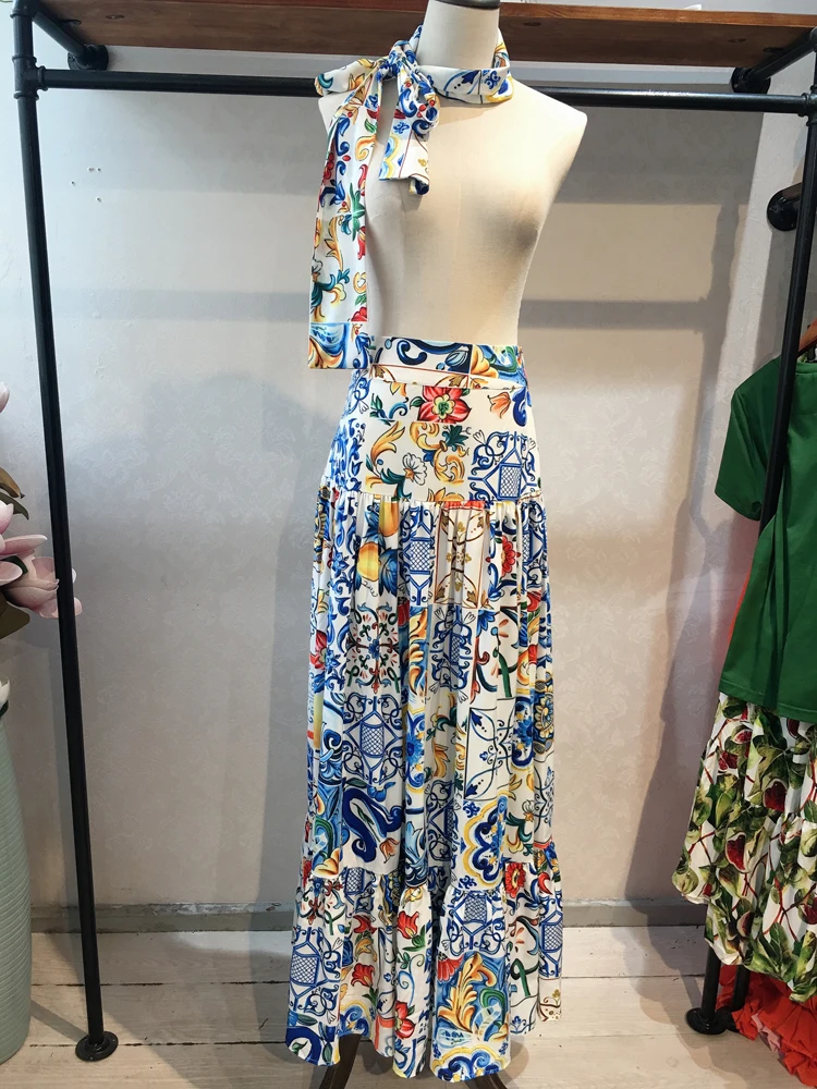

high quality Elegant Bohemian Summer beach Skirts Women's Charming Blue and white porcelain Print Slim Half Skirt 2019