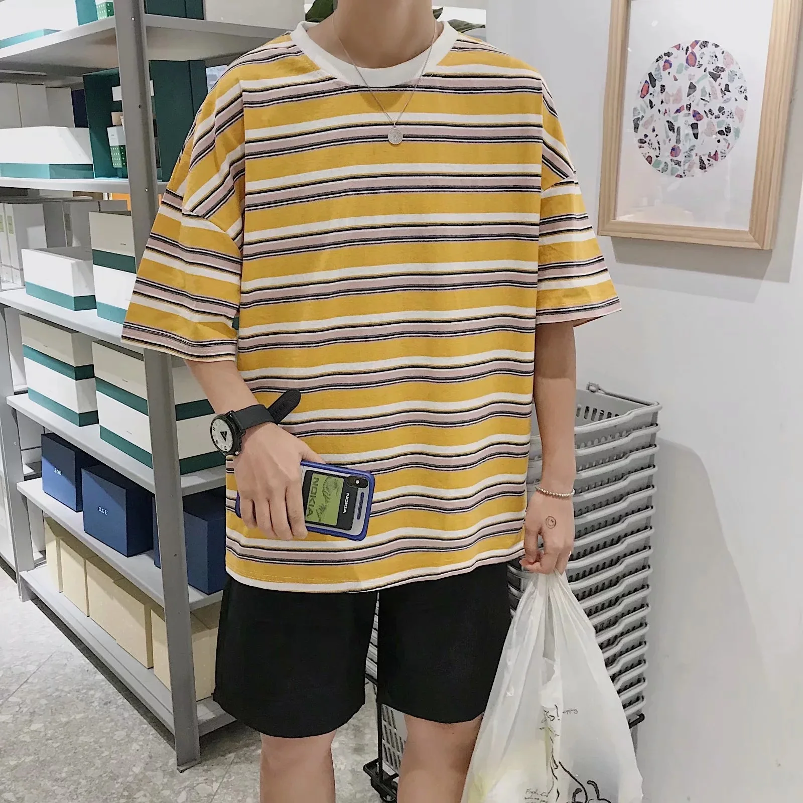 

Streetwear Printed Striped Mens T-shirt Short Sleeve 2019 Summer Hi-street Oversized Hip Hop Tshirt Cotton Tee Shirts