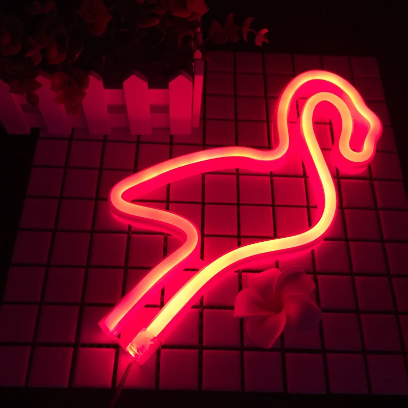 Hot Sale Led Neon Flamingo Light Cactus Holiday Night Lamp PVC Neon Sign USB  3AA Battery Led Lamp Christmas Birthday Gift desk table Green Red Wall Light  (3)