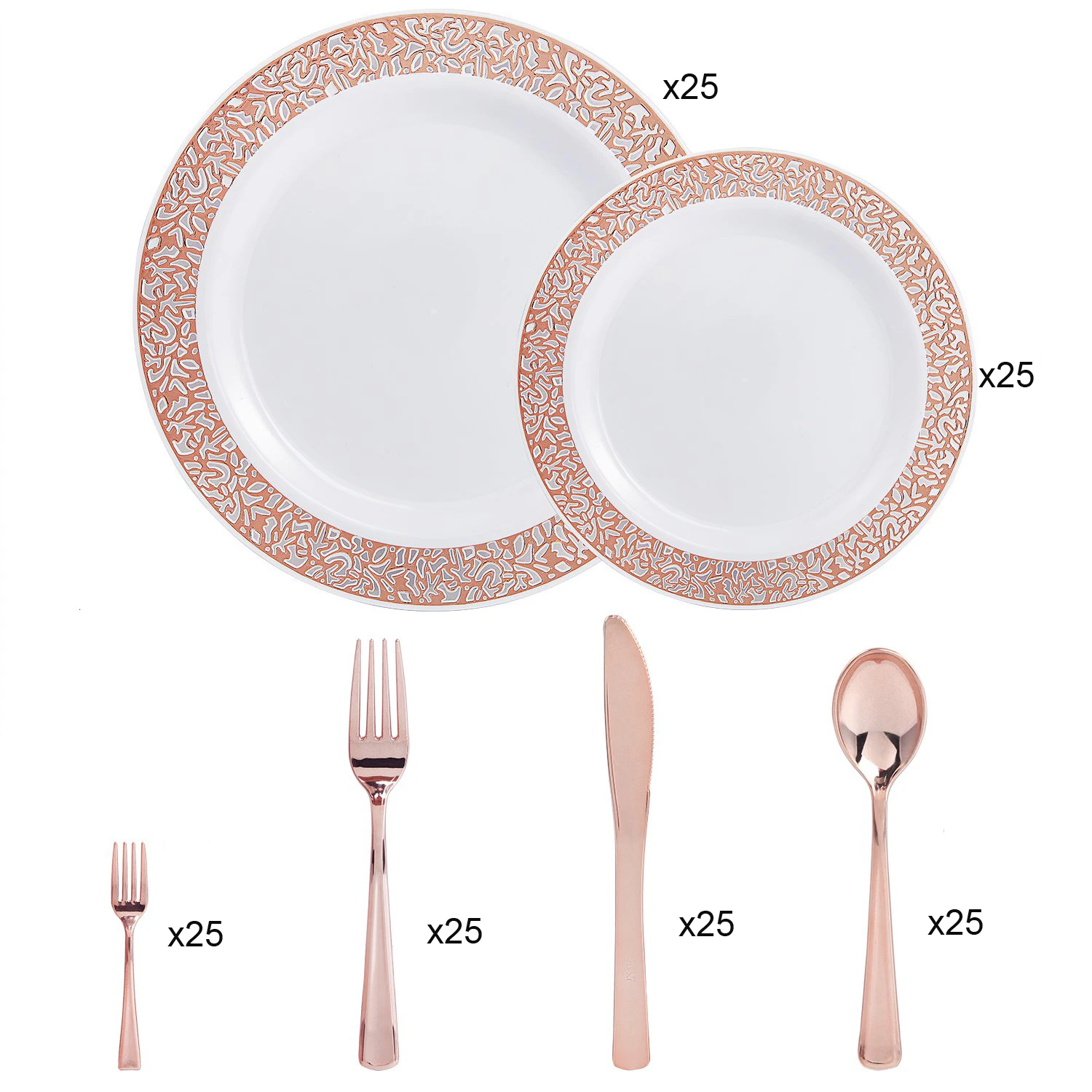 

Rose Gold Plastic Plates with Disposable Plastic Silverware,Lace Design Wedding Party Plastic Tableware Sets -150pcs