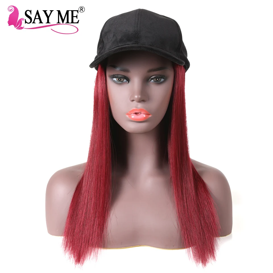SAY ME Burgundy Short Human Hair Wigs With Hat, Brazilian Straight Wig