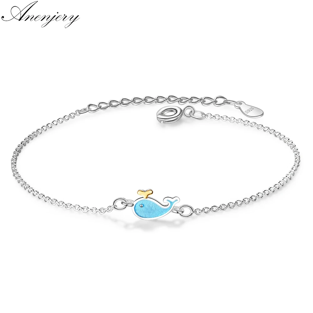 ANENJERY 925 пробы серебряный милый маленький кит синий Дельфин браслеты для женщин