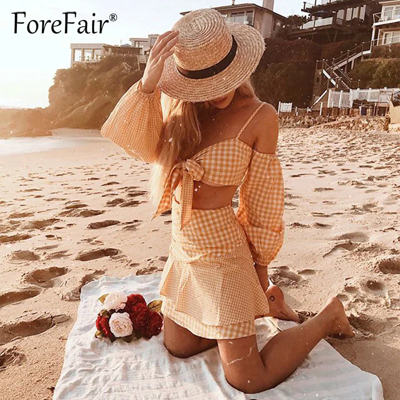 Forefair/комплект из 2 предметов в желтую клетку женский сексуальный топ с открытыми