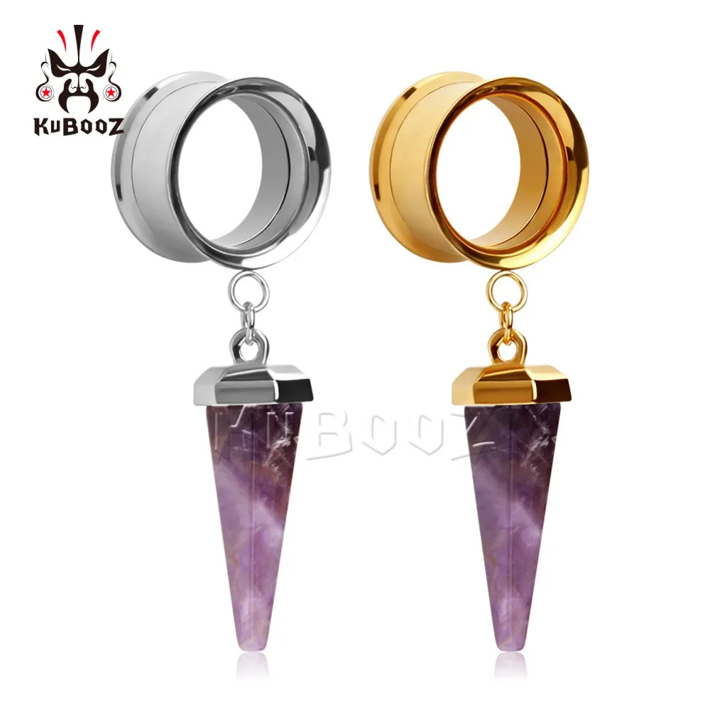 

New arrival purple stone dangle ear plugs body jewelry piercing screw back double flared ear tunnels good silver pair selling