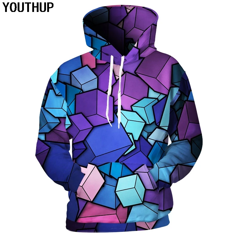 YOUTHUP 2018 Men 3d Hoodies Cube 3D Print Colorful Hooded Sweatshirts For Men Cool Funny Geometric Hoodies 3d Pullover Tracksuit