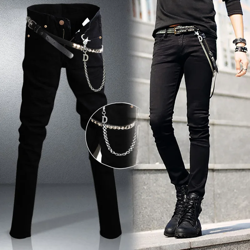 Idopy Hot Selling Men`s Korean Designer Black Slim Fit Jeans Punk Cool Super Skinny Pants With Chain For Male 2