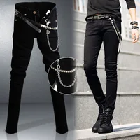 Idopy Hot Selling Men`s Korean Designer Black Slim Fit Jeans Punk Cool Super Skinny Pants With Chain For Male 2