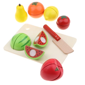 

Wooden Fruits Play Set with Self-Stick Tabs, Kitchen Food Pretend Cutting Food Toys Early Development Toy for Boys Girls