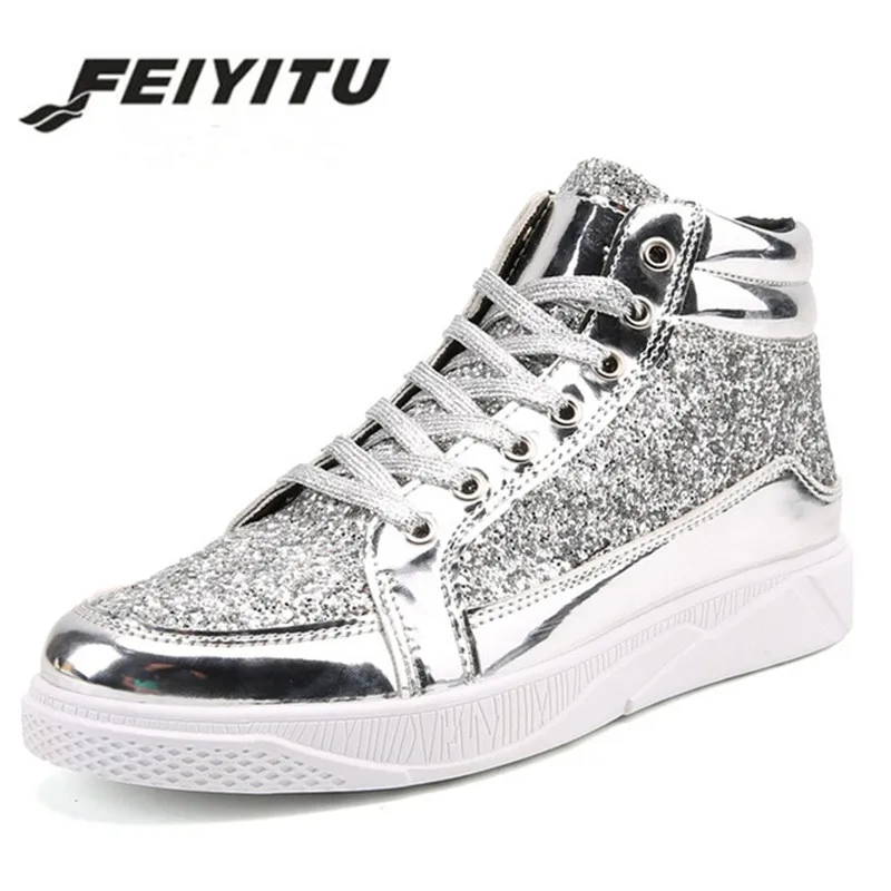 

feiyitu Spring Sequins Men Casual Shoes High Top Bright Leather Shoes Men Flat Sneakers Glossy Gold Dancing Shoes Zapatillas