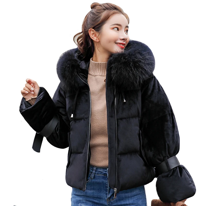 

Velvet 2019 Women Winter Jacket With Fur Collar Hooded Short Female Coat Ladies Cotton Padded Parka Casaco Feminino