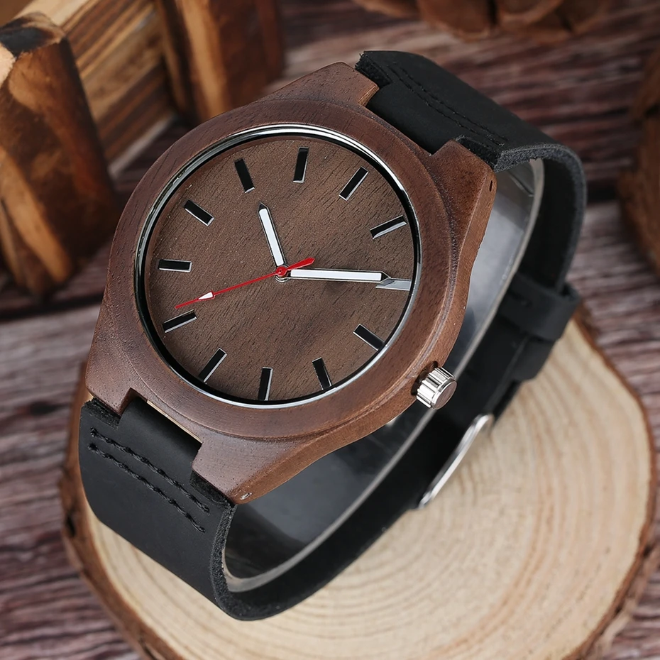 Mens Watches Wood Bamboo Minimalist Style Clock Soft Black Genuine Leather Men's Sport Casual Dress Quartz Watch Reloj de madera 2017 2018 Gifts for Men (11)