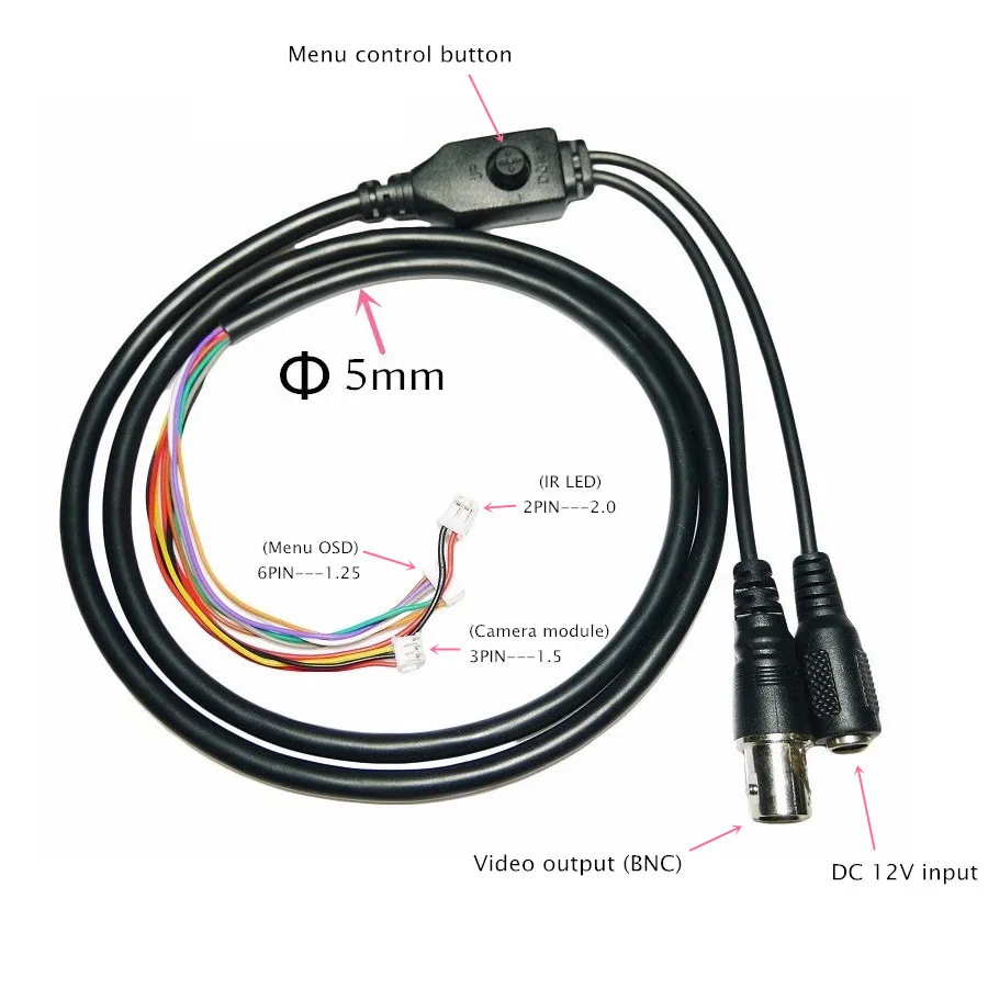 CCTV камера белый видео кабель с кнопкой меню OSD+ DC вход+ BNC видео выход для камеры видеонаблюдения(2pin 2,0 мм+ 3pin 1,5 мм+ 6pin 1,25 мм