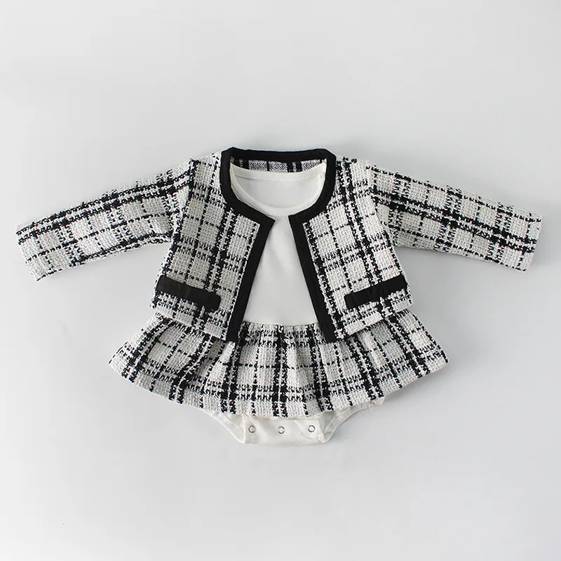 Children Spring Sets Girl Plaid Jackets with Cotton Rompers Fashion Plaid Luxury 2PCS Outfits