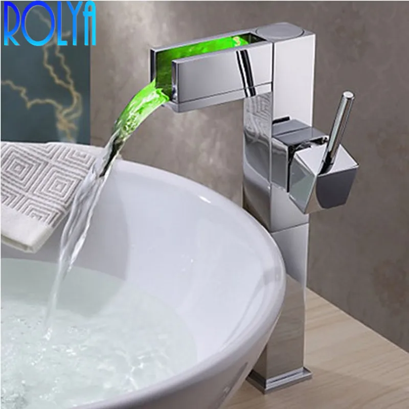 

ROLYA No Need Battery Water Powered Watercharming Torneira Banheiro Color Changing LED Waterfall Was Basin Mixer Vessel Faucet