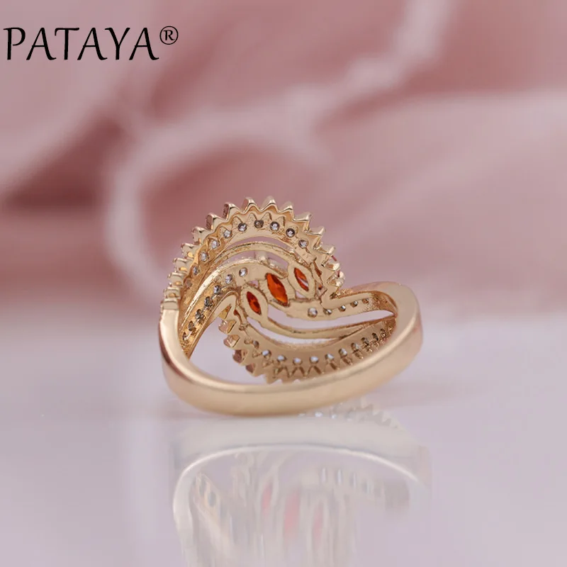 PATAYA New 585 Rose Gold Micro-wax Inlay Pomegranate Red Horse Eye Natural Zircon Rings Women Wedding Party Fine Unique Jewelry