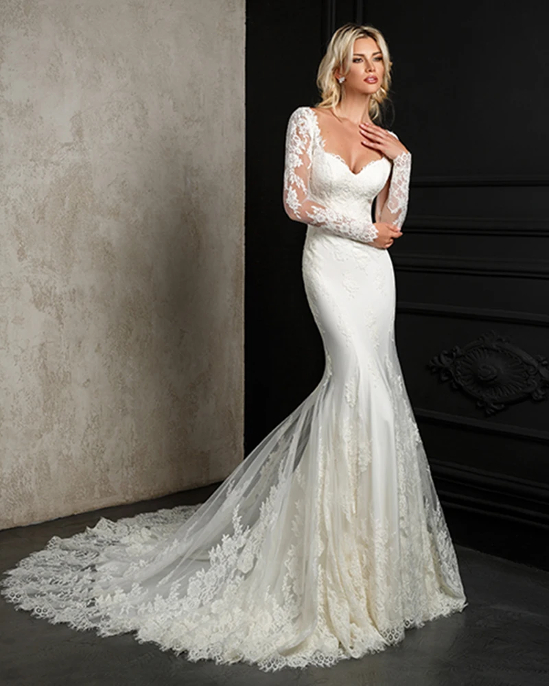 Vestido de Novia Sirena/свадебное платье русалки с длинными рукавами, 2019 цвет слоновой кости, роскошное платье из тюля с открытой спиной, сексуальное