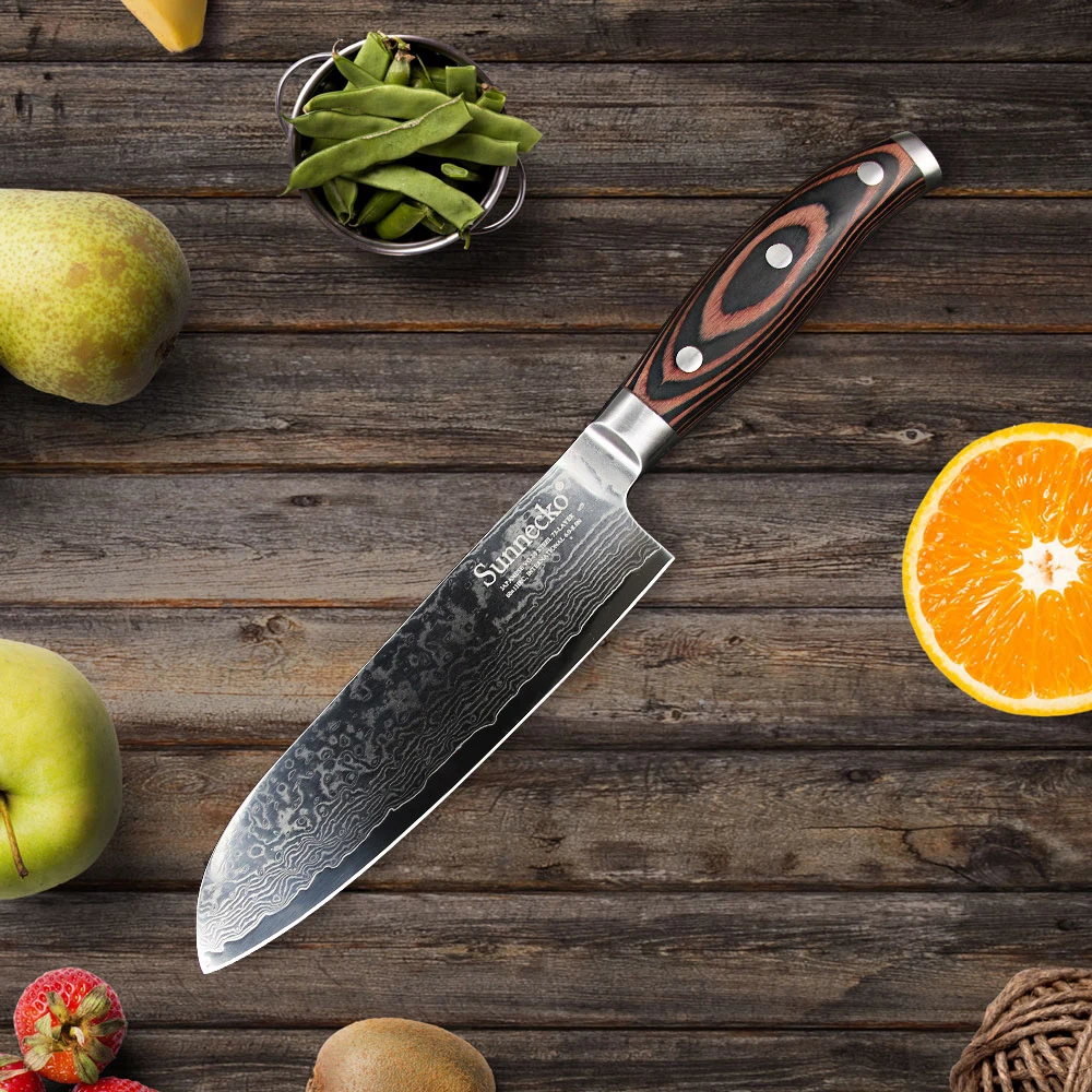 

SUNNECKO 7" inches Santoku Knife Japanese VG10 Damascus Steel Kitchen Knives Sharp Blade Fruit Meat Cutter Pakka Wood Handle