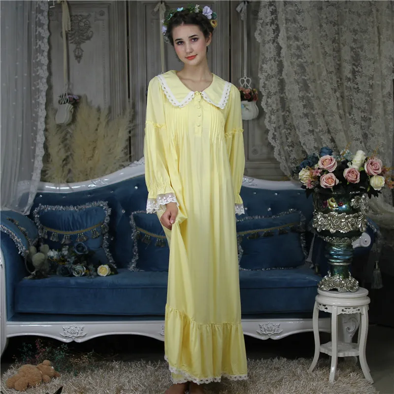 Хлопок сна гостиная Винтаж Ночное платье осень Для женщин пижамы платье Рубашка домашняя одежда принцессы Длинные Ночная рубашка ночную рубашку H682 - Цвет: Yellow