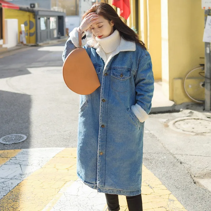 Модное осенне-зимнее теплое длинное пальто из овечьей шерсти, Повседневная однобортная Джинсовая Верхняя одежда, женская джинсовая куртка с отложным воротником