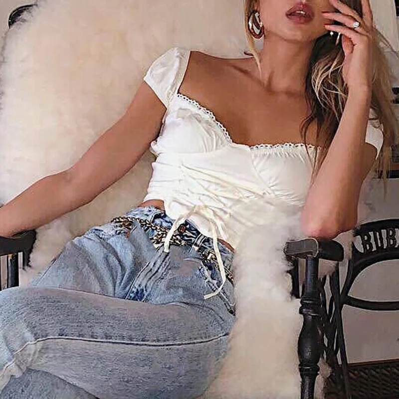 

Clubwear Womens Ladies Summer Tops Party Beach Corset Off shoulder Cropped Solid color Lace up Stylish Fashion