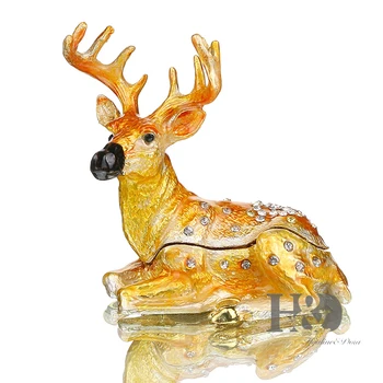 

H&D Gifts For Lady 3'' Gold Deer Trinket Box Hinged Ring Holder BeJeweled Enameled Petwer Animal Figurine Collectible Home Decor