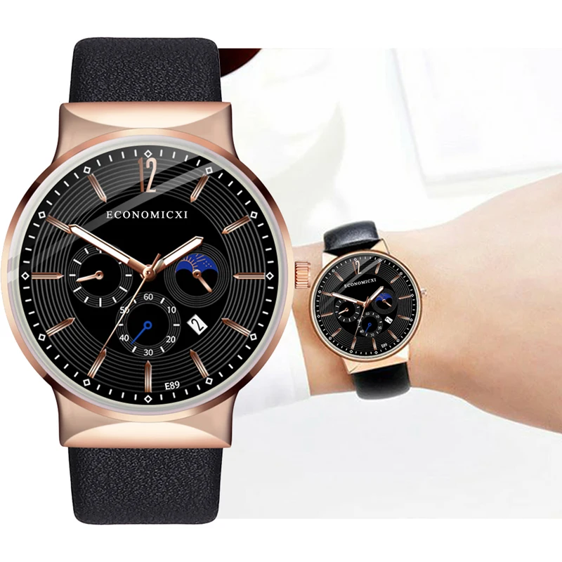 ECONOMICXI New Brand Men Watch Quartz Casual Design Business Male Clock Leather Strap WristWatch Fashion Gift Relogio Masculino