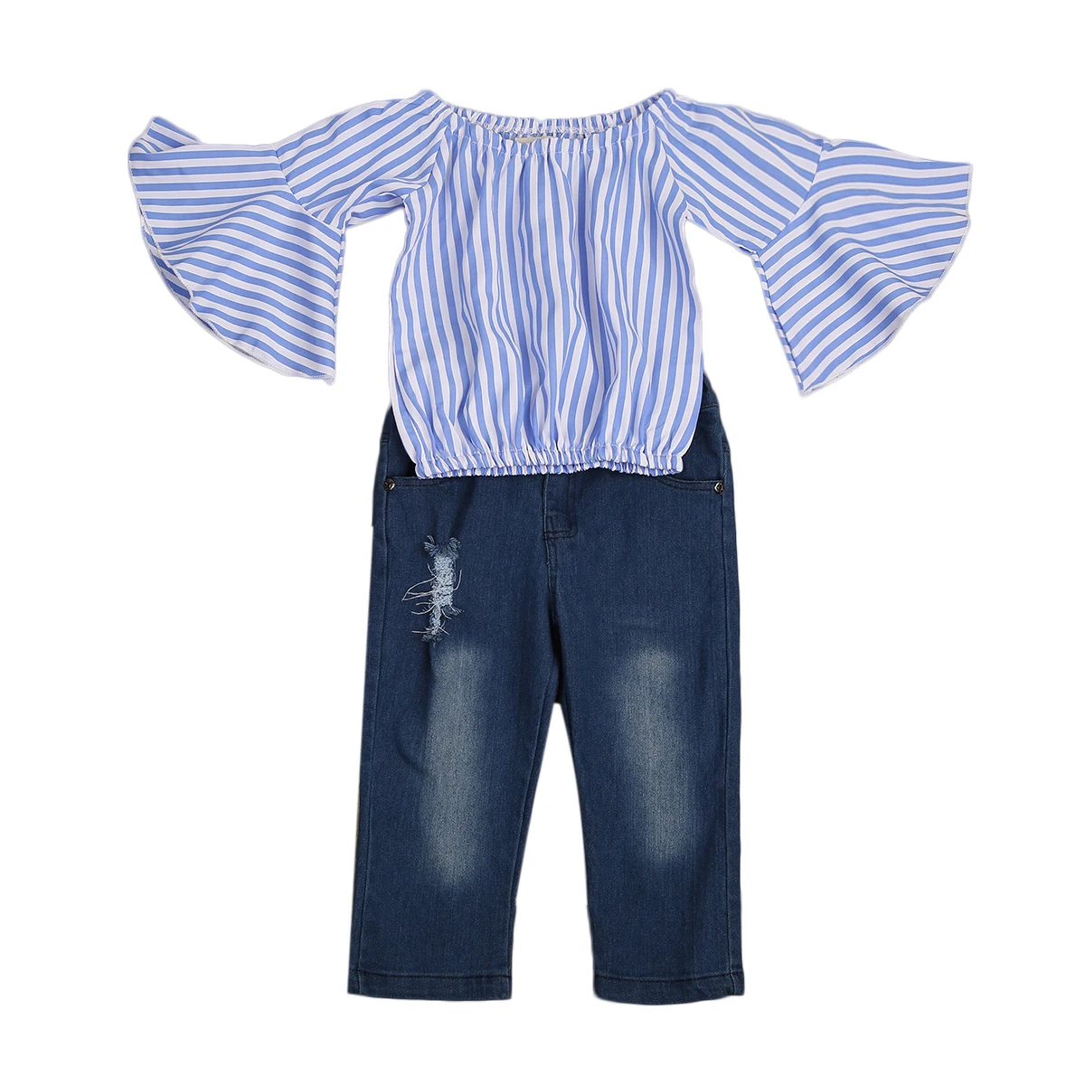 Одежда для маленьких девочек одежда из хлопка с расклешенными рукавами платье в полоску, с открытыми плечами, блуза Топы + джинсовые штаны