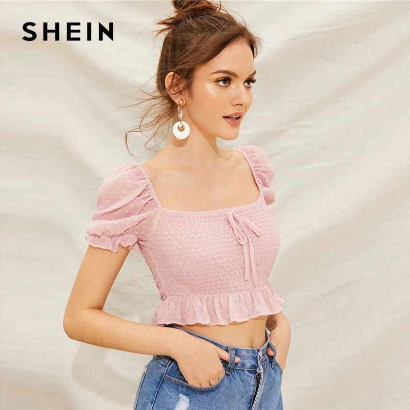 SHEIN Boho Сексуальный розовый Швейцарский горошек гофрированный подол гофрированный укороченный Топ Блузка с пышными рукавами женские летние облегающие милые топы и блузки