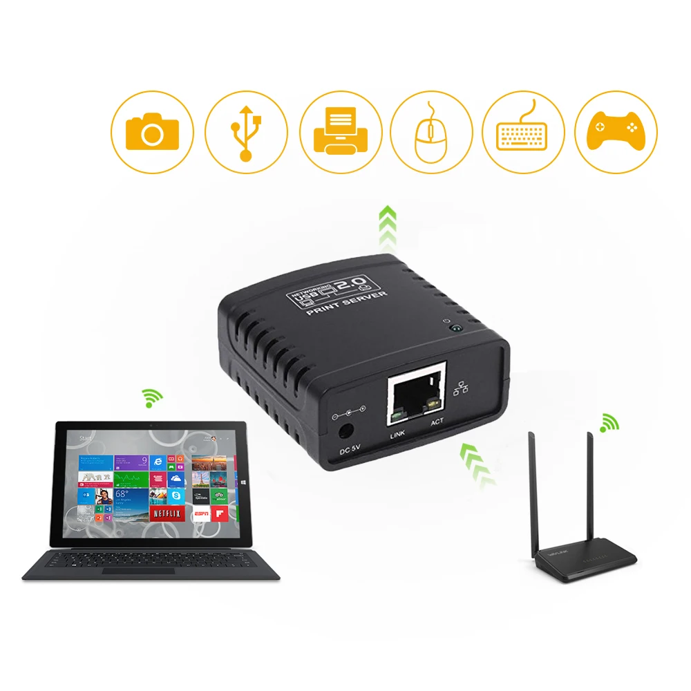 KuWFi USB 2.0 LRP خادم طباعة حصة LAN إيثرنت الشبكات طابعات الطاقة محول USB HUB 100 ميغابت في الثانية شبكة طباعة الخادم