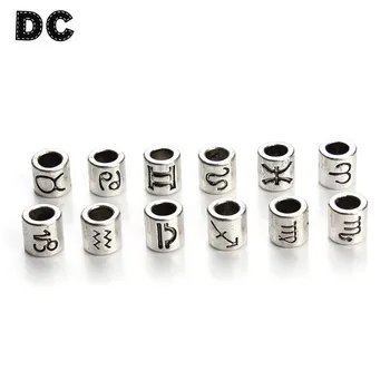 

DC 60pcs/lot Antique Silver Color 12 Constellation Zodiac Metal Spacer Beads Charms with 4mm Big Hole Beads for Jewelry Making