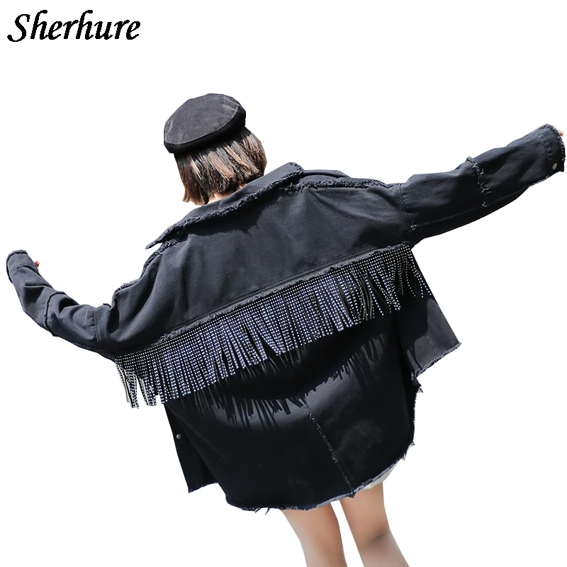 astounding 2019 Women Denim Jacket Coat Tassels Women Black Jackets Abrigo Mujer Tops For Women Chaquetas Muje