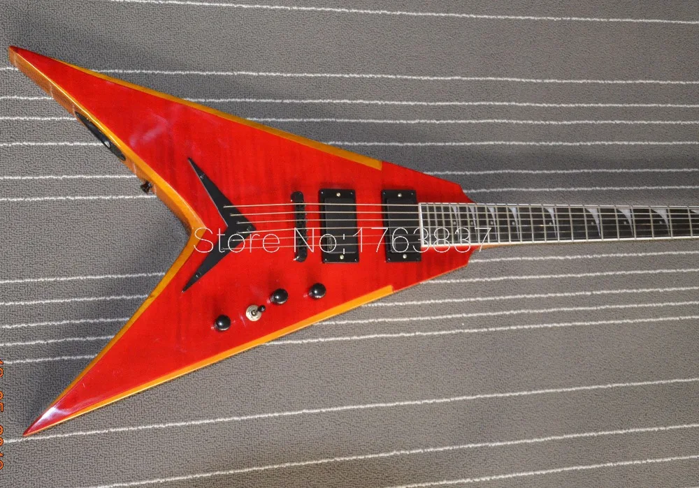 

Shelly new store factory custom flame maple top v shape string through active pickup electric guitar musical instruments shop