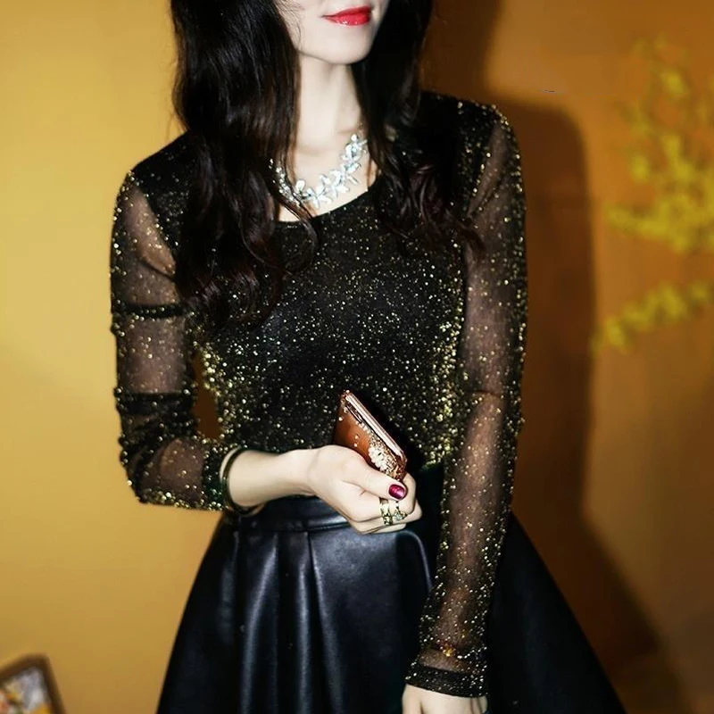 

Sexy Shining See Through Mesh Blouse Elegant Women Transparent Shirt Fashion Ladies Tops Nightclub Long Sleeve Blusas