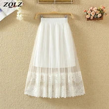 Zqlz летняя винтажная Женская юбка из тюля Nesh Лоскутные Кружевные Гофрированные длинные юбки женская модная черно-белая высокая юбка