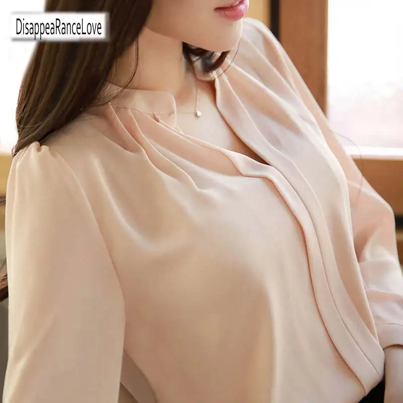 

2019 Spring Autumn Women Tops Long Sleeve Casual Chiffon Blouse Female V-Neck Work Wear Solid Color Pink Office Shirts For Women