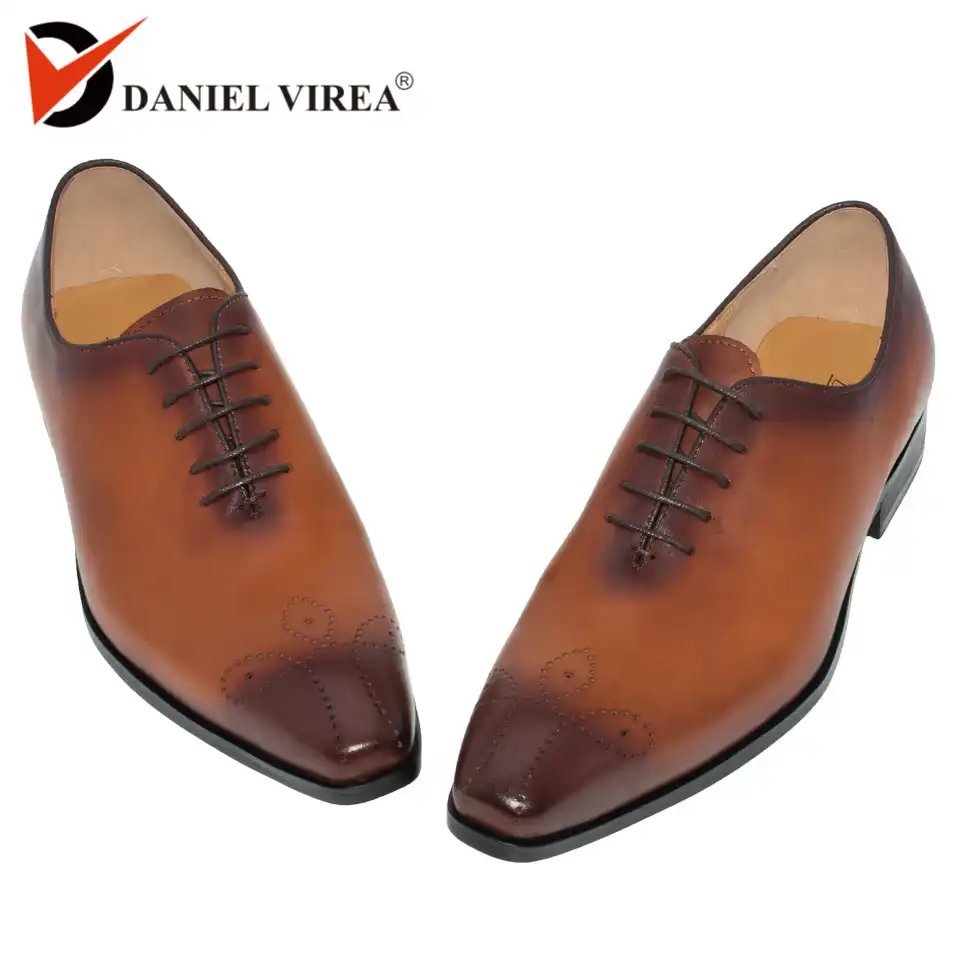 Men Dress Shoes Leather Luxury Pointed Toe Brogue Semi Formal