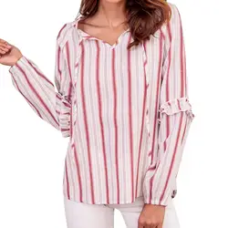Camisas mujer verano 2018 женский полосатый плиссированный топ с длинным рукавом v-образный вырез Кружевная Блузка модные офисные женские блузки roupas