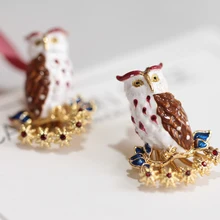 

France Style Enamel Glaze Owl Series Diamond Red Heart Asymmetry Earrings Ear Nail Woman European Popular Ornaments