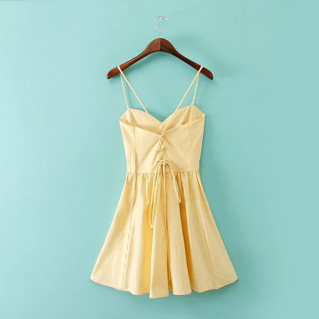 Aelegantmis повседневное Полосатое летнее платье-комбинация с открытой спиной, женское Короткое сексуальное пляжное платье с высокой талией на бретельках, женский сарафан - Цвет: Цвет: желтый