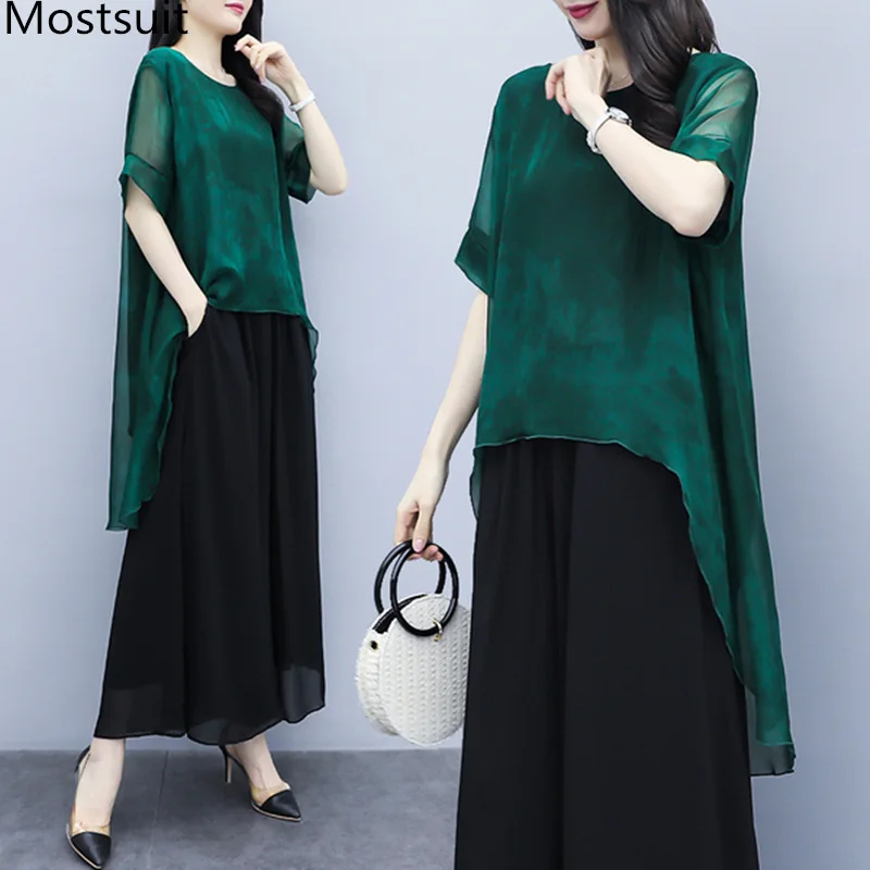 

2019 Summer Two Piece Sets Outfits Women Plus Size Long Blouses And Wide Leg Pants Suits Elegant Office Korean 2 Piece Sets