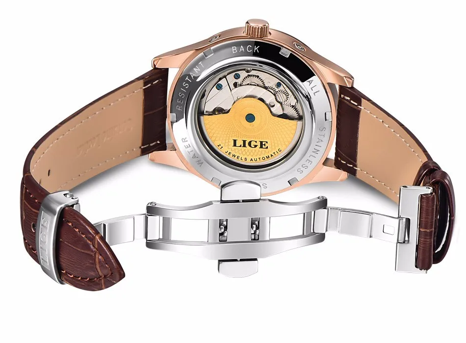 Automatic mechanical watch tourbillon with leather