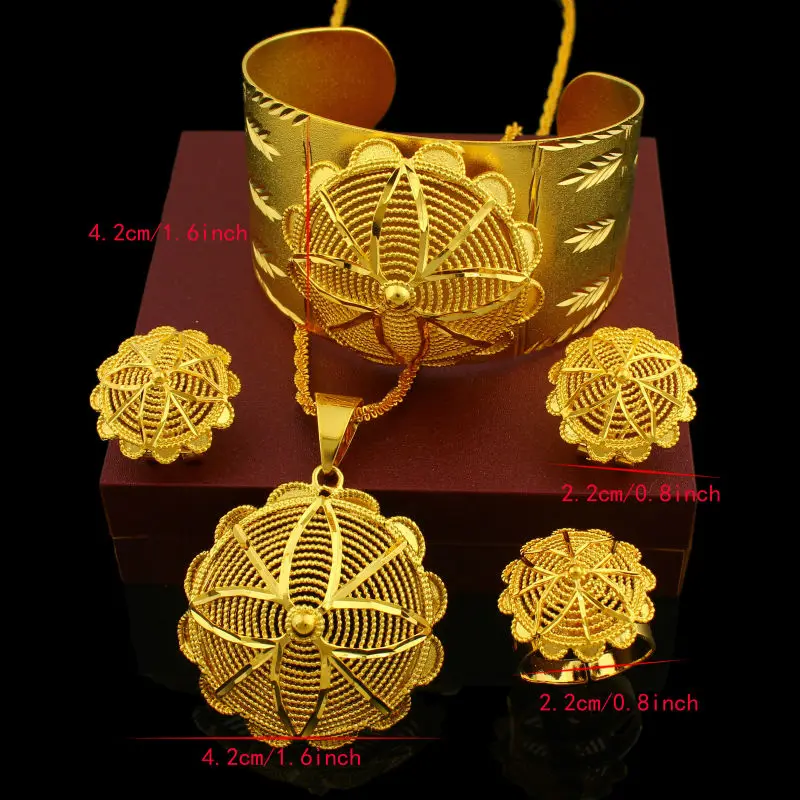 Большой Свадебные украшения для невесты комплекты с покрытыем цвета чистого 24 каратного золота Цвет Цепочки и ожерелья/серьги/кулон/браслет/кольцо Эритрея Африка/Кения/комплект эфиопских украшений