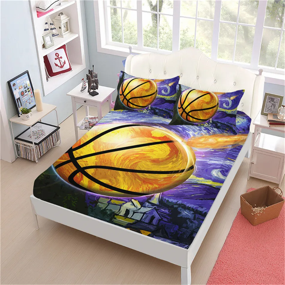 Colorful Oil Painting Basketball Sheet Set Cartoon Sports Design Bed Linens Flat Deep Pocket Fitted Pillowcase | Дом и сад