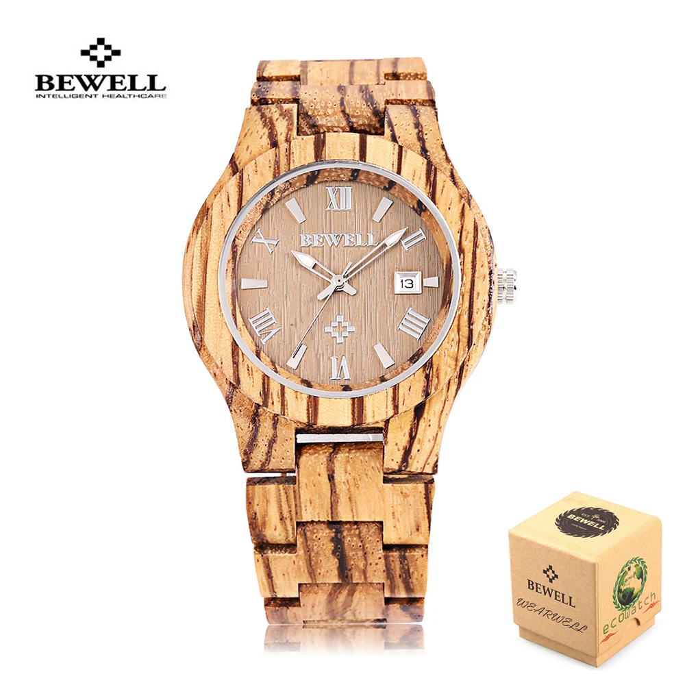 

BEWELL Unique Zebra Maple Wood Watch Men Auto Date Calendar Quartz Wooden Men's Watches Luxury Watch Men Famous Brand Wristwatch