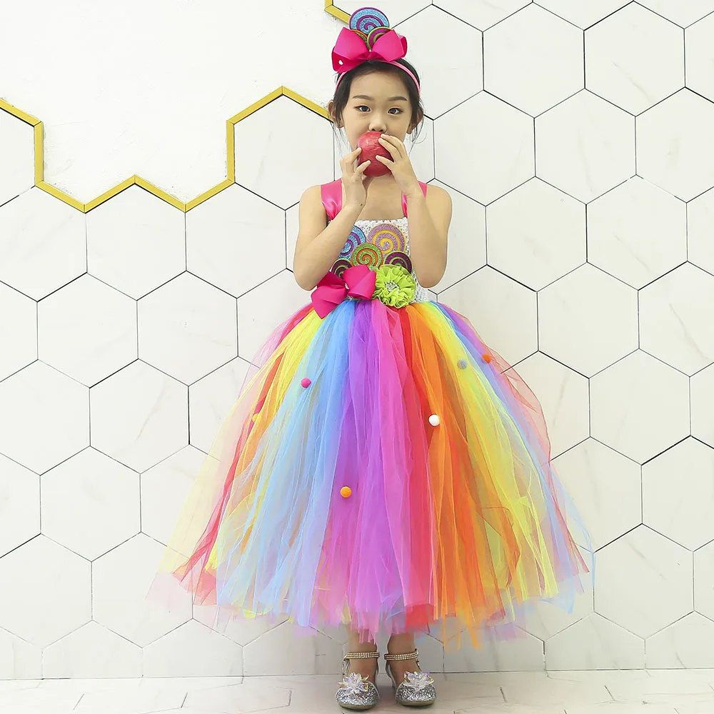 Rainbow Sweet Tutu Dress Birthday Candy Lollipop Costume Fairy Flower Mardi Gras Clothes Tulle For Carnival | Детская одежда и