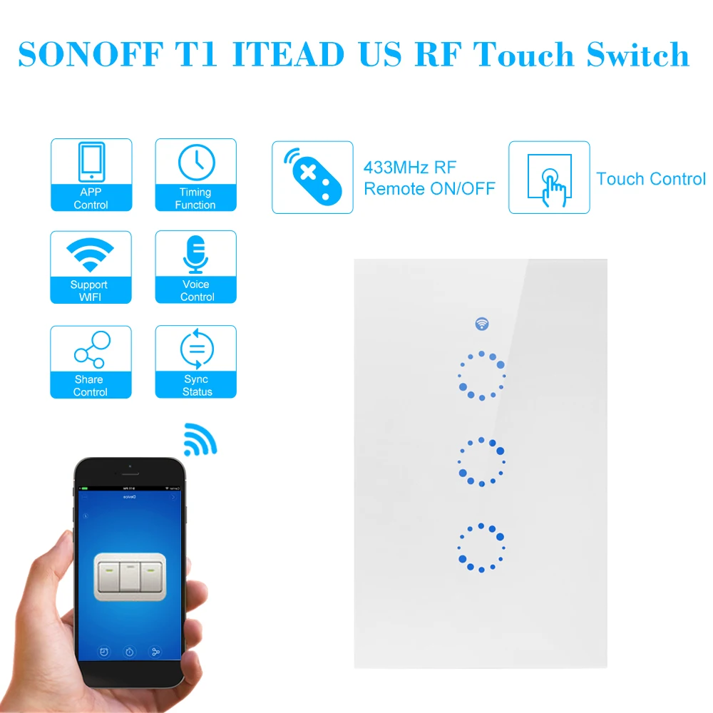 

SONOFF T1 US ITEAD 3 Gang Smart WiFi Wall Light Switch 315MHz RF Touch Panel Timing App Remote ON/OFF for Smart Home